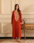 Rust embroidered silk kaftan with golden neckline design
