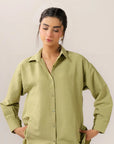 Sage green co ord sets women - loose fitting button up shirt