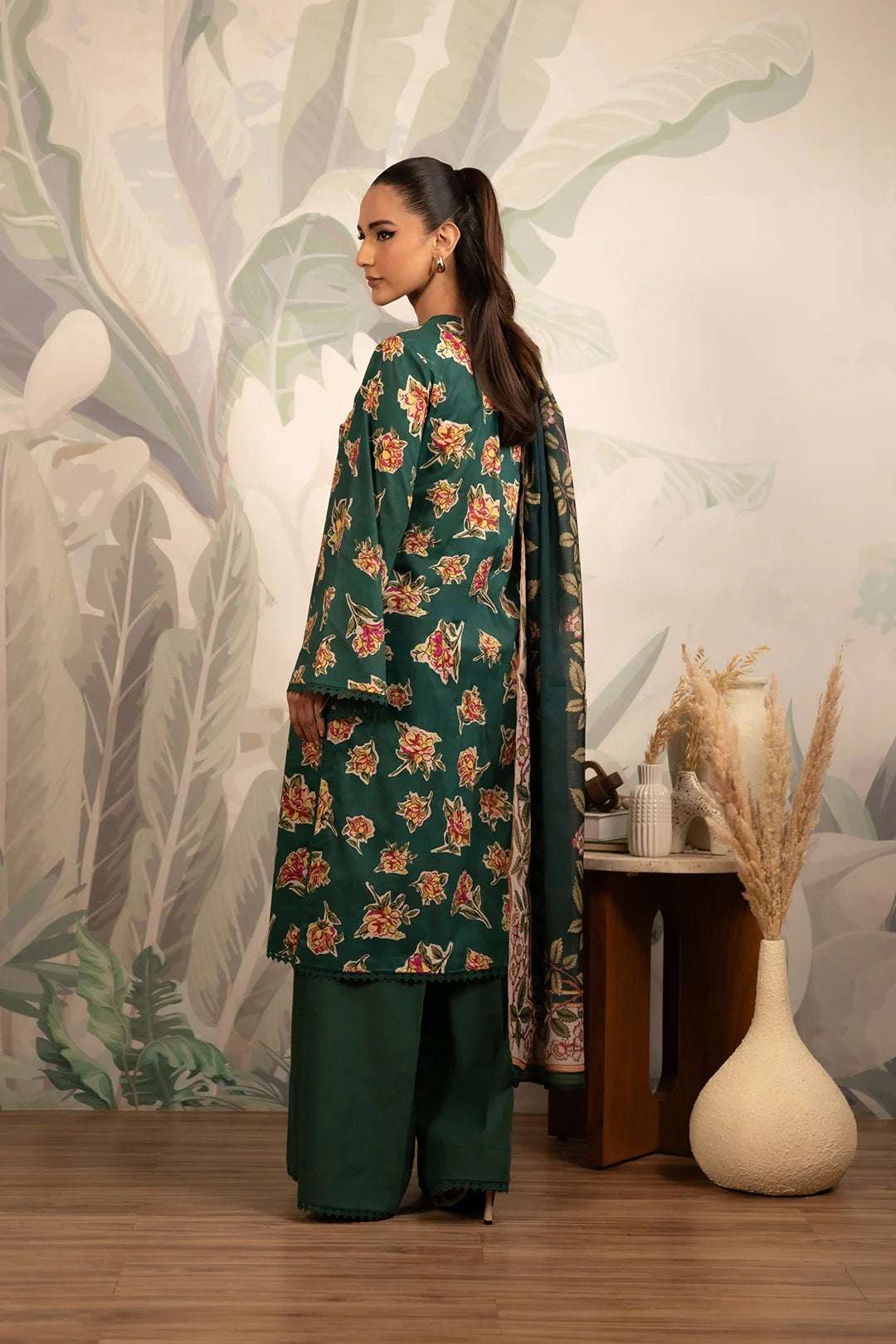 Sale 70% off unstitched printed lawn suit – stunning green floral dress with a beautifully crafted digital print and monark dupatta.