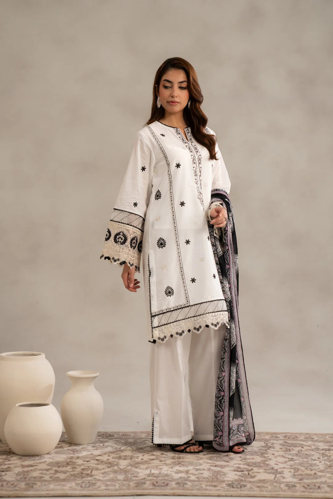 Secure monochrome clothing outfits - white black embroidered lawn dress 3 piece unstitched premium