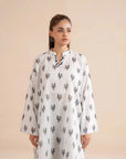 Shop 1 piece white lawn shirt black printed - monochrome Pakistani women kurta with bird motifs