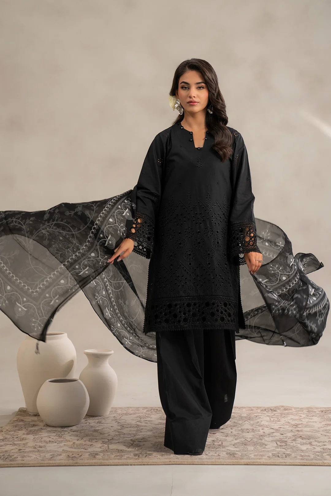 Shop 3 piece black lawn suit embroidered - monochrome Pakistani formal wear with dupatta online