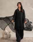 Shop 3 piece black lawn suit embroidered - monochrome Pakistani formal wear with dupatta online