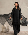 Shop 3 piece black lawn suit embroidered - monochrome Pakistani formal wear with dupatta online