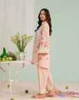 Shop Luxury peach unstitched lawn suit – embroidered organza border with digital printed shirt, dyed cambric trousers, and chiffon dupatta, summer collection Pakistan.