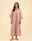 Shop Pastel pink striped midi dress – stylish drop shoulder outfit for women.
