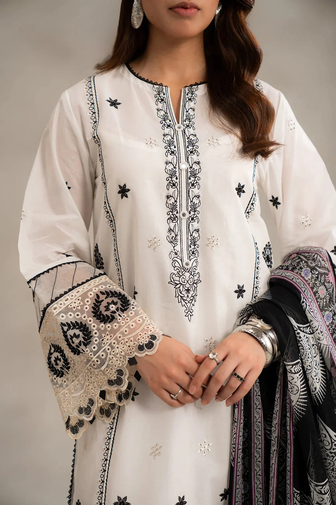 Shop black white dresses online - monochrome Pakistani outfit 3 piece embroidered lawn fabric