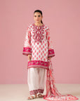 Shop embroidered lawn dress in white and pink with dyed cambric trouser and voile dupatta, designed for ladies in Jhelum's Satellite Town Pakistan