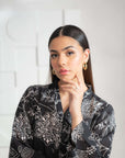 Shop ladies’ printed Karandi shirt in elegant black and white, a perfect blend of grace and style