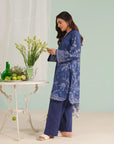 Shop ladies unstitched lawn suit online – blue digital printed shirt, dyed cambric trousers, and chiffon dupatta, perfect for casual and festive wear.