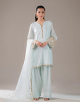 Shop light blue 3 piece jamawar suit for women – embroidered formal Pakistani dress with organza dupatta and golden detailing, ideal for weddings and festive wear.