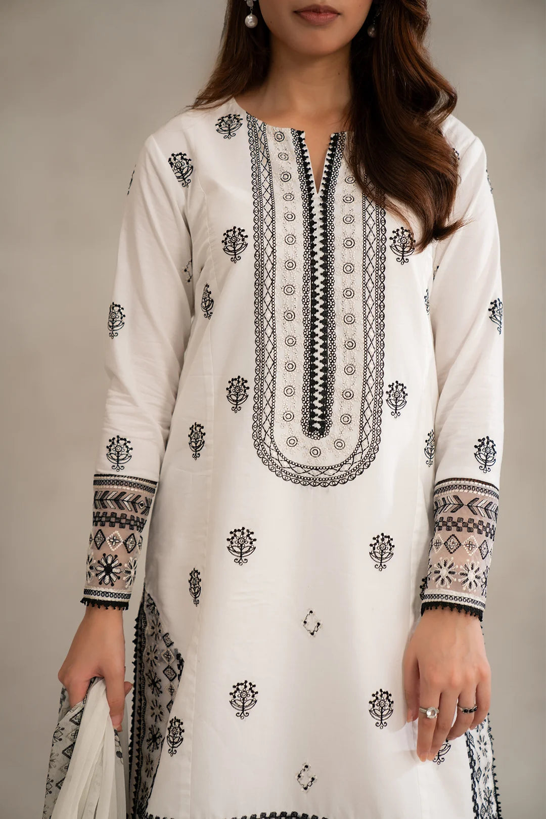 Shop monochrome ladies clothing - white embroidered lawn suit 3 piece unstitched geometric design
