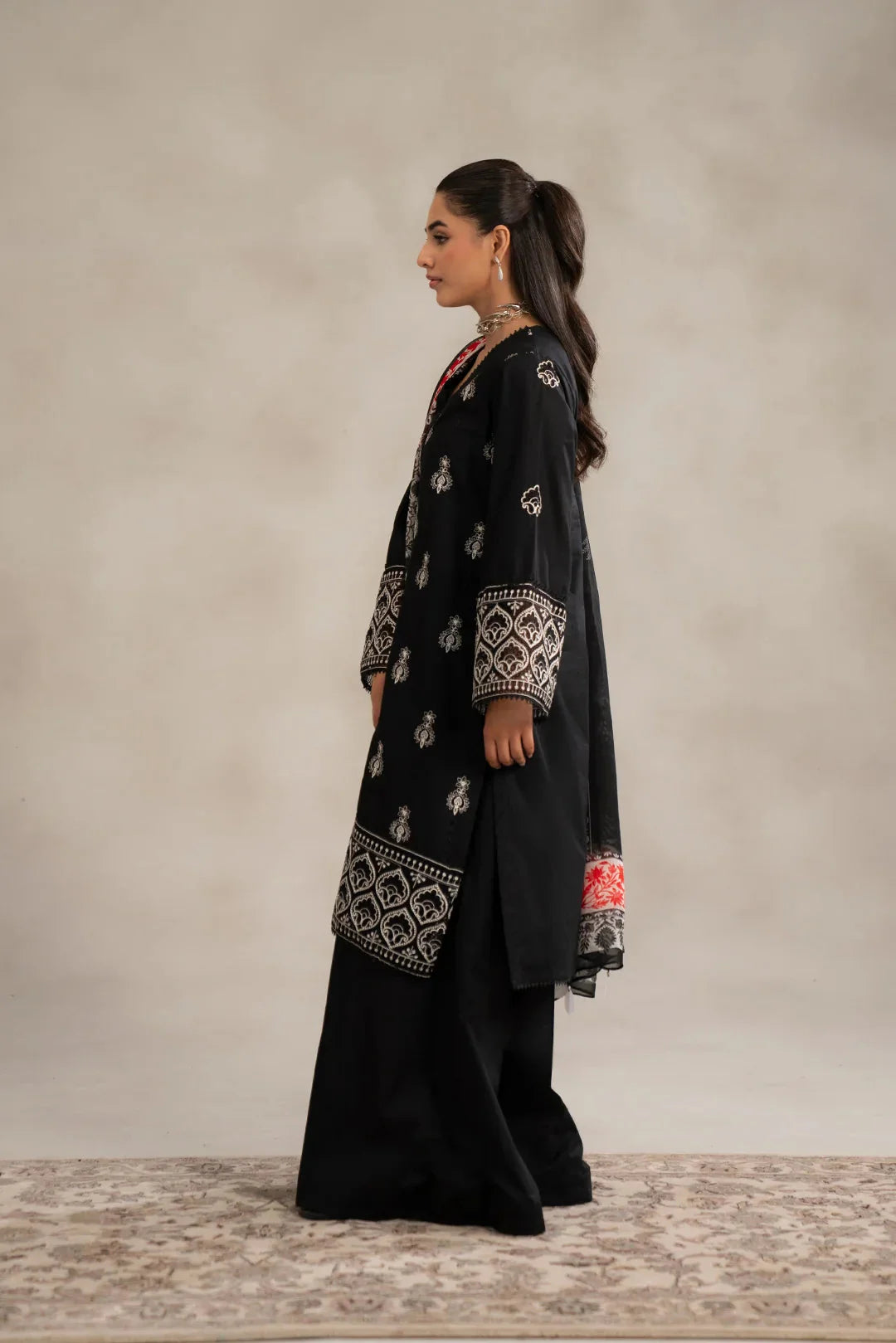 Shop monochrome women kurta set - black embroidered lawn suit 3 piece unstitched geometric print