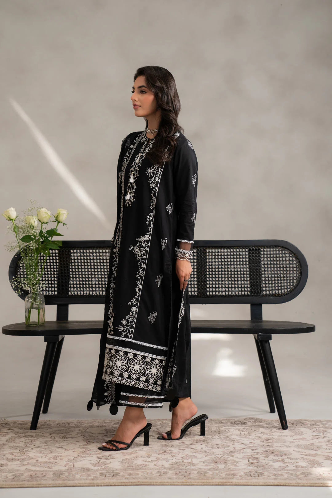 Shop muharram dresses collection - monochrome black embroidered lawn outfit 3 piece unstitched