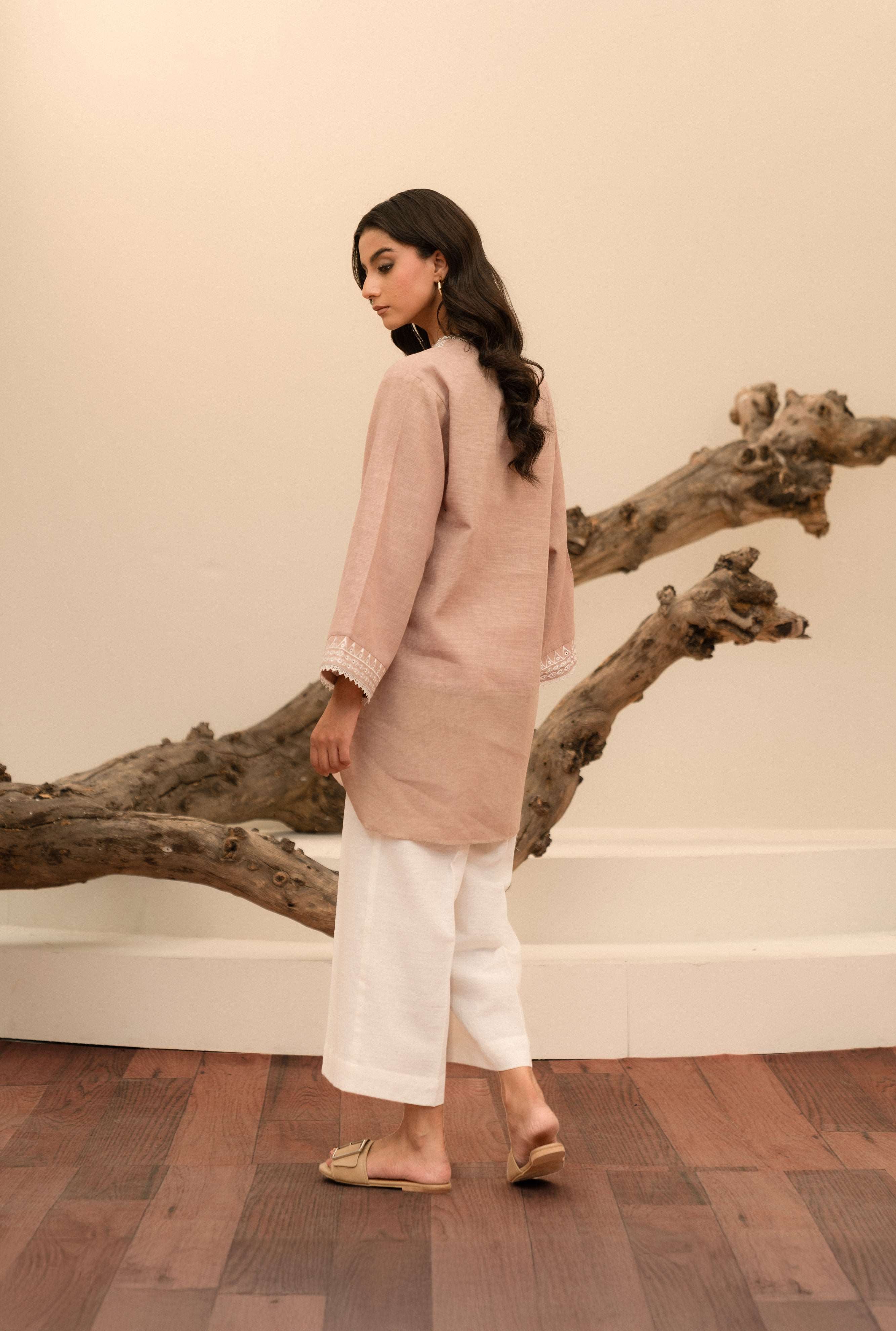 Shop online ladies khaddar shirt with beautiful embroidery, perfect for chic winter styling, Light Brown Color
