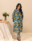 Shop online navy 2-piece printed cambric suit for women, featuring a vibrant yellow floral pattern