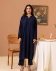 Shop online prussian blue solid 2-piece suit for women, featuring a flowy silhouette and matching trousers
