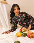 Shop stylish black 2-piece printed suit with layered digital designs for a graceful look online