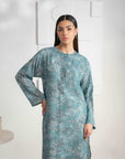 Shop women’s printed Karandi shirt with teal and floral accents,  great for casual wear