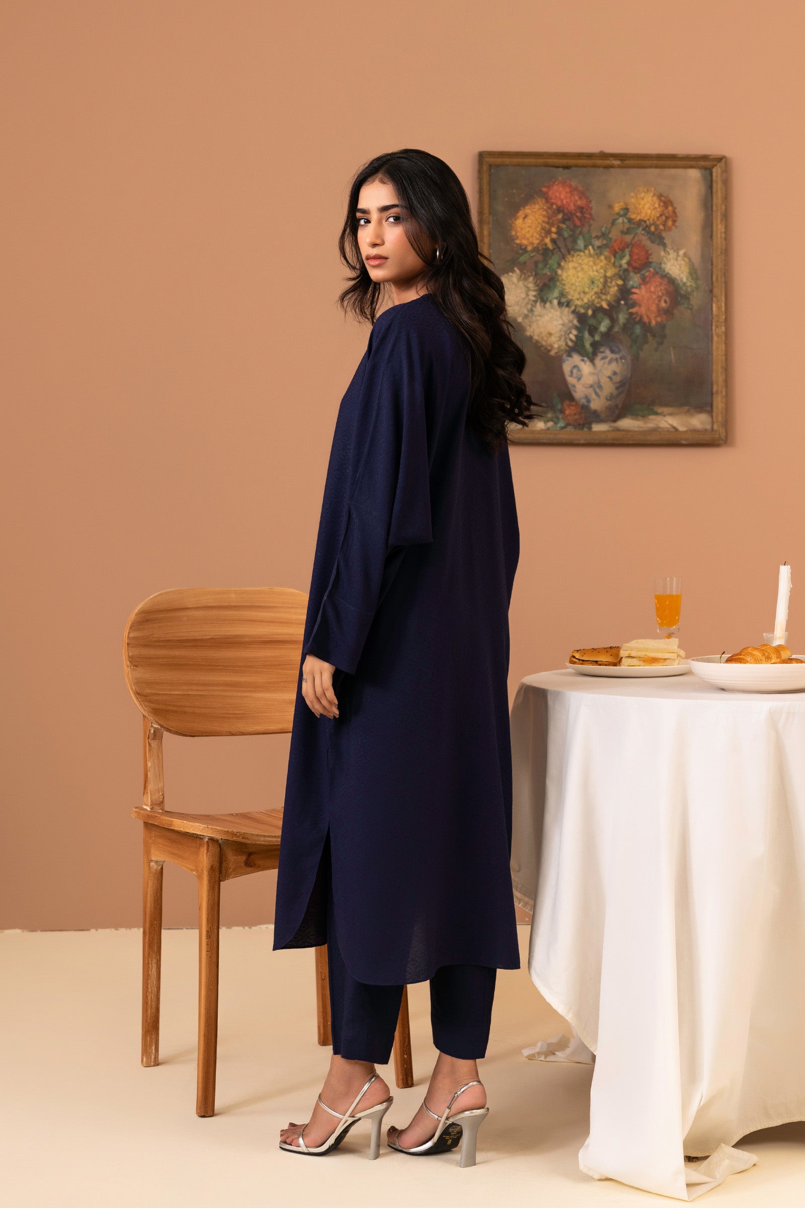 Shop women’s solid prussian blue outfit, with matching shirt and straight trousers for effortless style