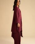 Side view of maroon 3-piece linen suit showing straight trousers and flowing dupatta length.