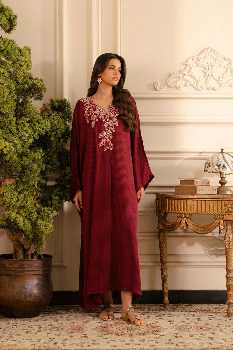 Maroon Silk Kaftan Dress - Gold Embroidered Evening Wear