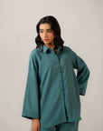 Solid green button down tunic dress - casual women's shirt dress with pockets