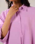 Solid pink women's shirt - relaxed blended fabric button up blouse with rolled sleeve cuffs