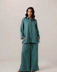 Solid teal green tunic shirt dress for women - relaxed button up style with collar