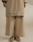 Studio styling of neutral beige 2 piece embroidered suit for everyday and smart casual wear.