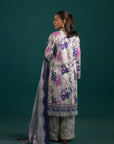 Stylish Pakistani lawn suits featuring a soft grey floral printed shirt with a purple and lilac monark dupatta for a sophisticated look.