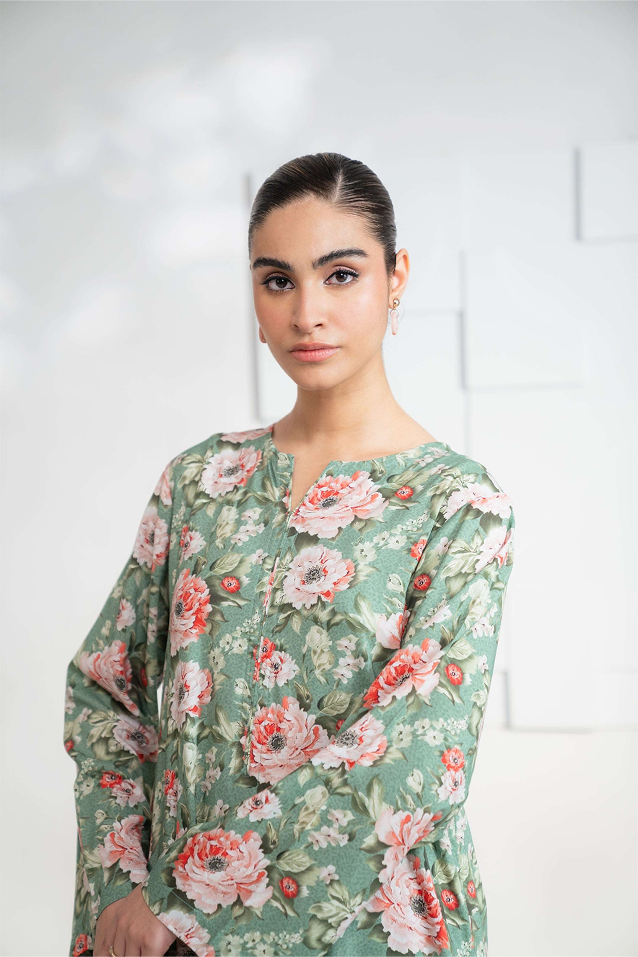 Stylish green 2-piece linen suit with printed details, shop now at BeyondEast.com