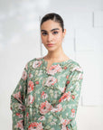 Stylish green 2-piece linen suit with printed details, shop now at BeyondEast.com