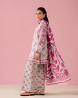 Sydney women unstitched suits – elegant pink and grey 3 piece lawn set featuring digital prints, cambric trousers, and voile dupatta for summer wear