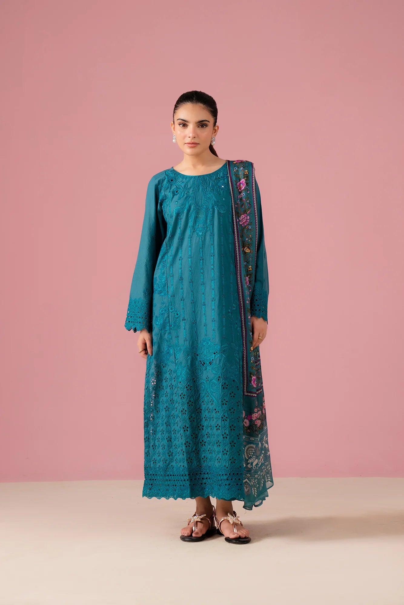 Teal 3-piece embroidered lawn suit with silk printed dupatta and matching trousers, perfect for women in Gujrat's Satellite Town luxury area