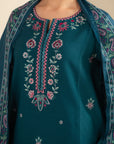 Teal unstitched khaddar suit side view with matching trouser