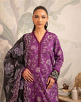 Top new printed lawn dress design – a striking mix of purple hues with delicate floral motifs and a bold contrast dupatta for a sophisticated touch.