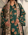 Top trending unstitched lawn suit – dark green floral printed dress with a lightweight monark dupatta, blending tradition with elegance.