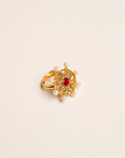 Traditional Kundan gold ring red stone pearl halo close-up adjustable women Barat Pakistan