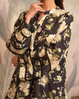 Trendy black and yellow floral printed cambric shirt – must-have summer and winter outfit for women.