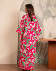 Trendy digital print linen kurti – fresh green and white leafy pattern on a bold pink base.