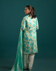 Trendy lawn suit design – a digitally printed floral lawn shirt with modern zigzag chiffon dupatta and solid dyed trouser for a sophisticated look.