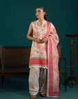 Trendy lawn suit design featuring an off-white printed shirt with cherry red details, paired with a matching monark dupatta and cambric trousers.