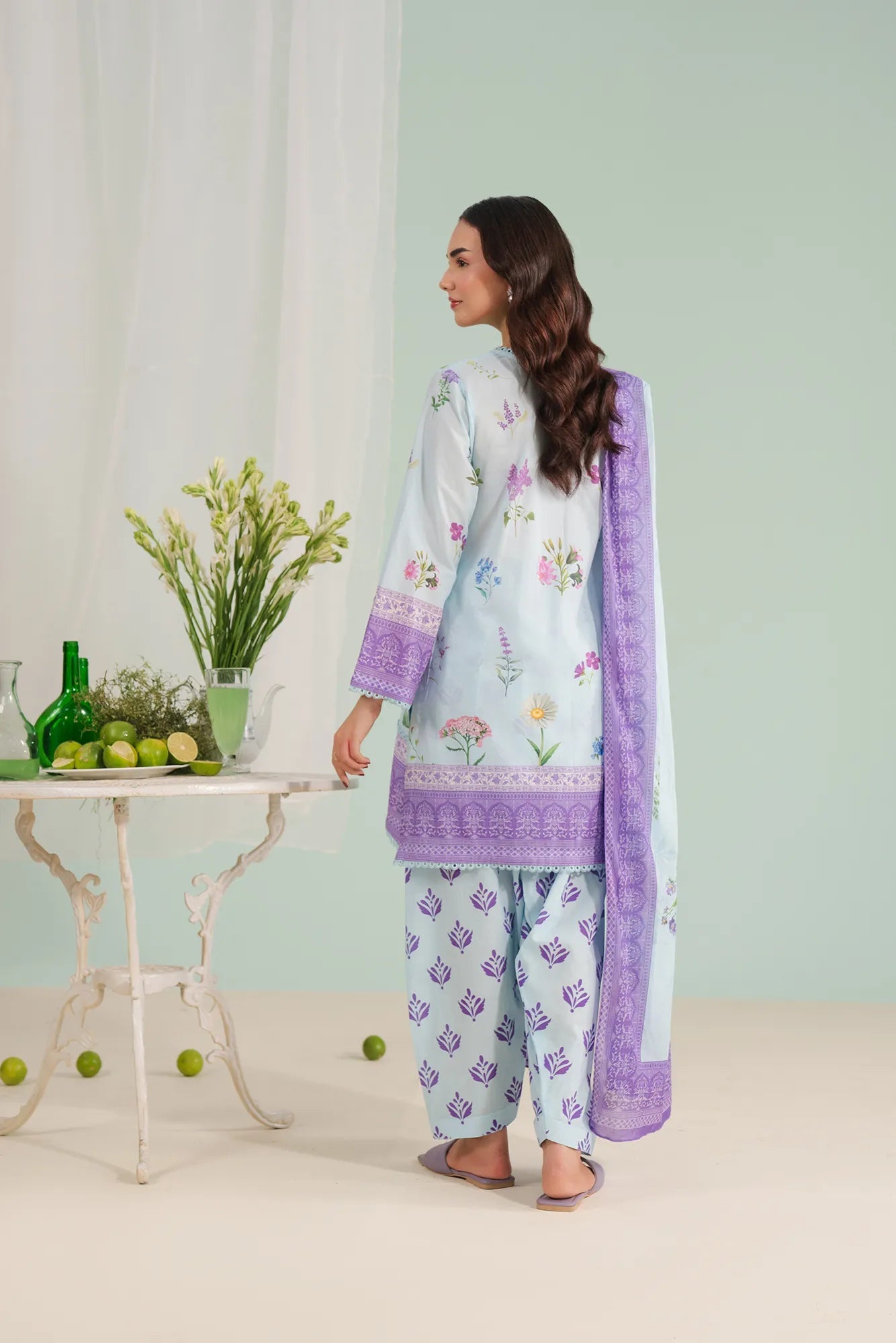 Trendy online unstitched lawn suits – 3 piece printed lawn dress featuring digital shirt, cambric pants, and voile dupatta, ideal for women in USA & UK.