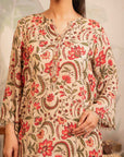 Trendy printed linen kurta for women – light fawn base with rich floral digital print for casual and formal wear.