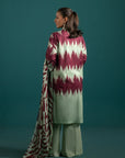 Trendy three piece lawn suits in Pakistan – apple green and maroon printed lawn shirt with chiffon dupatta and dyed cambric trouser for a stylish touch.