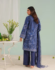 Trendy unstitched lawn suits – blue 3-piece set with digital print shirt, cambric pants, and chiffon dupatta, stylish Pakistani dress for women in UK & USA.