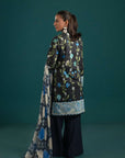 Trendy unstitched lawn suits online – 3 piece set with a vibrant floral black lawn shirt, complementing dyed trouser, and a blue abstract chiffon dupatta.