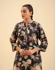 Trendy women’s black floral kurta – best cambric shirt for summer fashion."