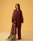Unstitched 3-piece cambric suit for women, maroon digital print shirt, vibrant floral tussar silk dupatta, latest Pakistani fashion